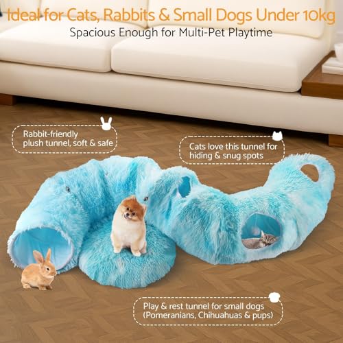 Cat Tunnel Bed, 3-in-1 Collapsible Cat Tube with Removable Washable Cushion, Multi-Shape (U/S/Half-Round) Playhouse with Peekaboo Holes, Hanging Balls & Cat Ears for Cats, Small Dogs, Rabbits - color: Sky Blue
