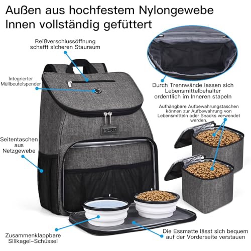 BAGLHER丨Dog Travel Bag, Airline Approved Pet Supplies Backpack, Dog Travel Backpack Accessories Set with 2 Silicone Collapsible Bowls and 2 Food Baskets, Gray - color: Grey-A