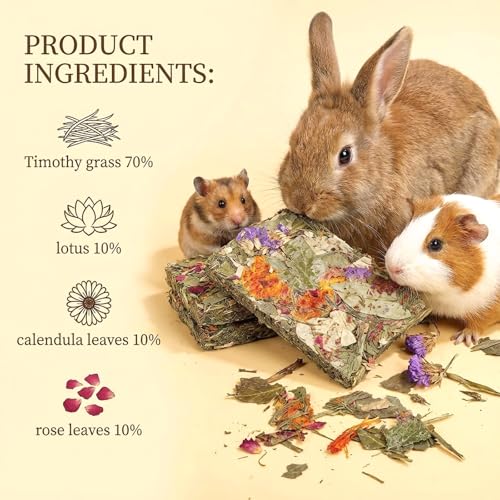 Rabbit Chew Toys 6+4 pcs Timothy Hay Treat with Flower Carrot Chips | Bunny guinea pig treats with herbal flowers. Hay chips, interactive little animal chew bundle for daily play enrichment. - size: Mix 6+4 Chips