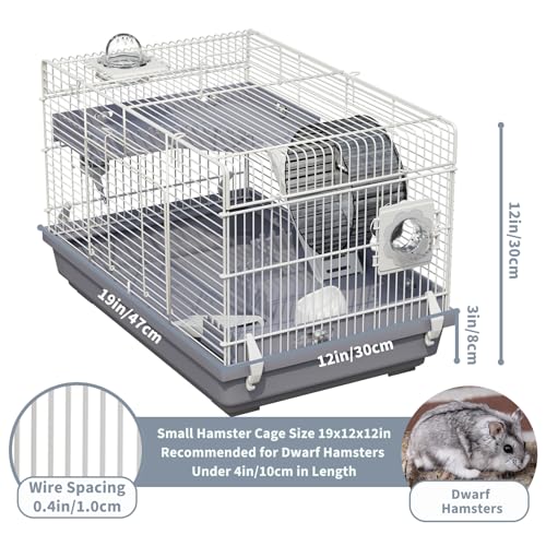 Dwarf Hamster Cage Starter Kit 19x12x12in for Dwarf Hamsters Robo Hamsters | Multilevel Dwarf Hamster Cage with Silent Wheel Ø6", 2 Platforms, 2 Tube Ports, Ladders, Water Bottle, Food Bowl - color: Gray