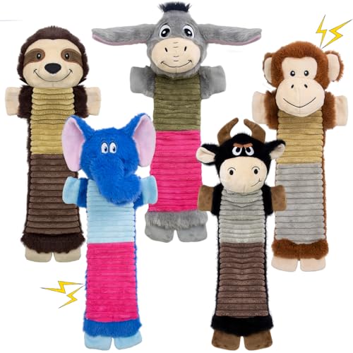 No Stuffing 5 Pack Dog Squeaky Toys, Chew with Crinkle to Large Puppy | Interactive to Keep Pets Busy, Durable Plush Pet Teething Toys, Toss, Fetch, Tug of war Play, Best Birthday Holiday Gift - color: Grey,blue,balck,khaki,coffee