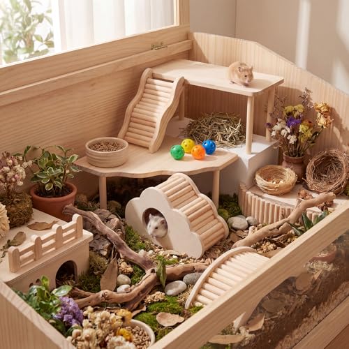 BreezeHug 4 Pcs Hamster Cage Accessories Hamster Platform Hideout Wooden Tunnel Ladder Playhouse Game Climbing Toy with Platform for Pets Dwarf Syrian Mice Degus Gerbils Squirrel(Cloud) - style: Cloud