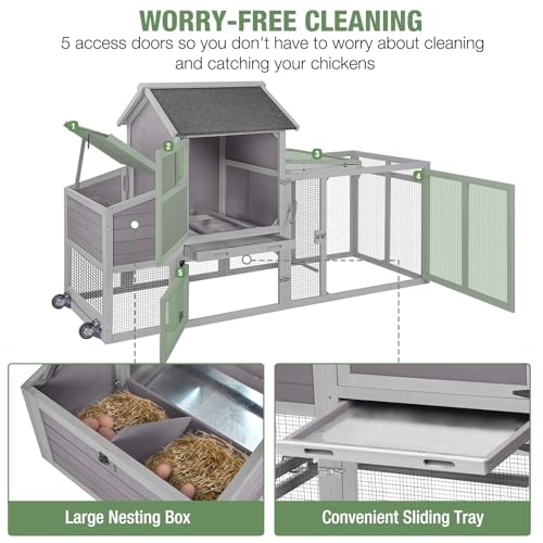 Mobile Chicken Coop with Wheels for 4-6 Chickens, Large Wooden Hen House Duck Cage with Run, Nesting Box, Easy Clean Pull-Out Tray, Waterproof Asphalt Roof - Grey, 78" L x 27.6" W x 45" H - size: 78.0"L x 27.6"W x 45.0"H