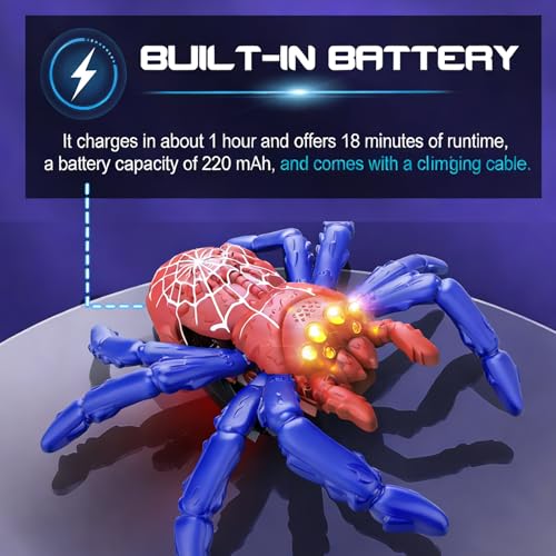 Wall Crawler Spider, Rechargeable Remote Control Robot Toy | Wall Climbing Toy with Gift Card for Kid, Boys, Girls, Halloween Toys, Birthday Gift (Red & Blue Spider) - color: Red & Blue Spider