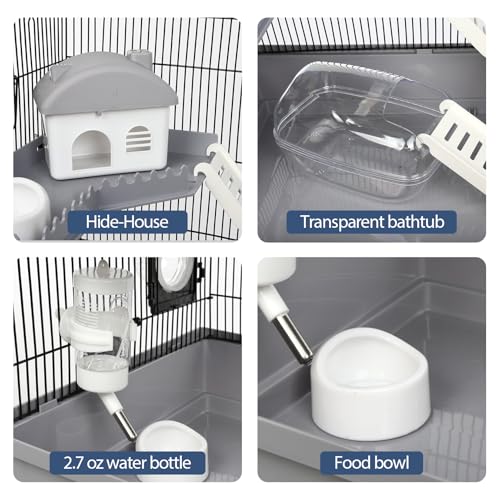 Large Hamster Cage Starter Kit 22x12x15in for Syrian Hamster Dwarf Hamster | with Large Silent Wheel, Large Bathtub, Hide-House, 2 Platforms, 3 Ladders, Water Bottle, Food Bowl, 2 Tube Ports, 2 Handles