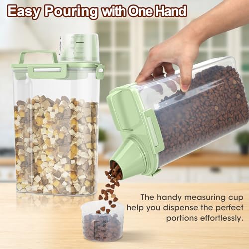 TBMax Small Dog Cat Food Storage Containers 2 Pack, Travel-Friendly Pet Food Container with Spout & Measuring Cup, Kid-Friendly Pet Feeding Dispenser, Portable Dog Treat Bird Seed Container - color: Green -2Pcs 3Qt
