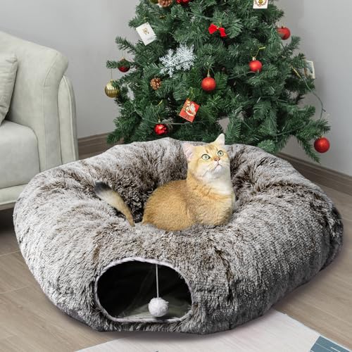 AUOON Plush Cat Tunnel Bed for Indoor Cats, 36" L x 36" W x 11.5" H, Brown | 2 in-1 Interactive Cat Toy, with Hanging Ball Toy, Machine Washable Center Pad, for Kitten Puppy Rabbit Ferret - color: Brown
