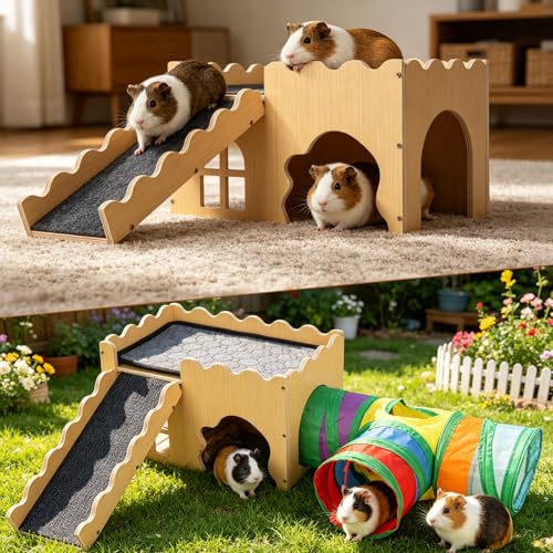 Wooden Guinea Pig Hideout Cave House, Guinea Pig Castle with Natural Cave-Style Entrance, Large Small Animal Habitat with Stairs, Waterproof Liner, Easy Assembly for Guinea Pigs, Rabbits & Hamsters - color: Tunnel Hideout