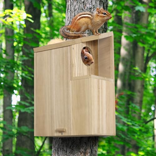Sundia Large Squirrel Family House Pine with Coating Nesting Wooden Box for Breeding Living