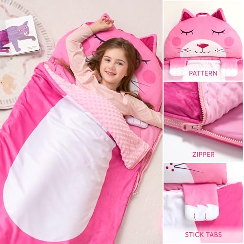 JOIEDOMI Kids Sleeping Bag 4 5 6 Year Old Girl Gifts Toddler Nap Mat with Pillow & Blanket 60" x 27" for Kids Ages 3+ Soft Plush Sleeping Mat for Preschool and Boys Girls - color: Pink Cat