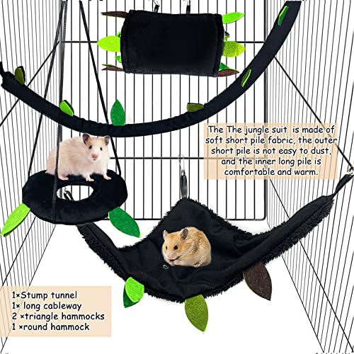 Hamiledyi 5PCS Hamster Hammock Small Animals Hanging Warm Bed House Rat Cage Nest Accessories Toy Hanging Tunnel Soft Bed Rope and Swing for Sugar Glider Squirrel Hamster Playing Sleeping - color: Black