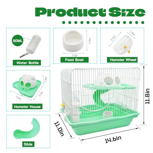 2-Tier Portable Hamster Cage and Habitats,Travel Metal Mouse Cages with Free Water Bottle,Houses and Exercise Wheel for Any Breed of Hamster and Small Animal (14.6x11.0x11.8inch Green) - color: 【Green】