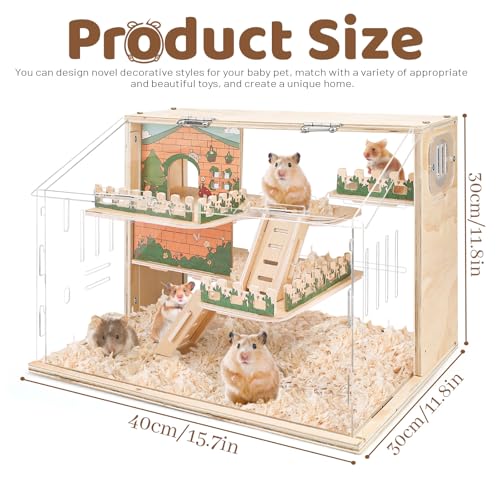 Large Acrylic Hamster Cage, Wooden Dwarf Hamster Habitat, Spacious Dwarf Gerbil Cage, Premium Dwarf Hamster Habitat with Ventilator (Hamster Cage)