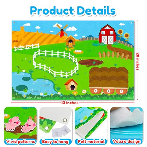 Farm Animals Felt Story Board Set, 3.5Ft 38Pcs Interactive Storytelling Busy Board Toys for 2 Year Old Boy Girl, Animal Farm Barnyard Preschool Learning Activities Toddler Toys for Ages 2-4 Gifts