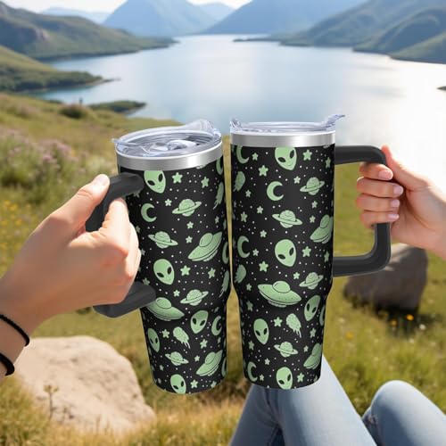 30oz Alien Stainless Steel Tumbler with Handle and Straw, Ufo Lover Insulated Cup Travel Coffee Mug Water Bottle with Lid and Straw, Women Gifts - color: Alien