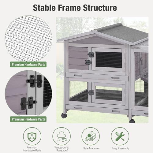 Indoor/Outdoor Rabbit Hutch with Pull-Out Tray, Weatherproof Bunny Cage & Attached Run - Also for Chickens (Grey, L) - color: Light Grey