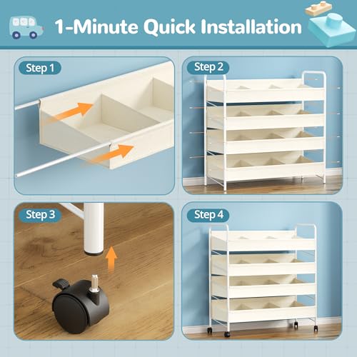 Kids Toy Storage Organizer with 4 Shelves & Wheels for Playroom | White, Large Size, Steel Frame & Oxford Fabric, Rolling Casters with 2 Locks, Safe Rounded Edges, Easy Assembly - size: 3X-Large-Large