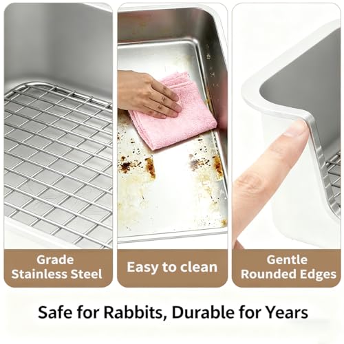 PODOO Bunny Litter Box, Stainless Steel Sifting Pan with Non-Slip Pads | Stainless steel sifting pan lets waste fall below; raised sides and non-slip pads help keep the litter area stable and tidy - color: Stainless Steel