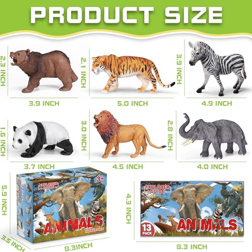 13 Pack Animal Figures with Booklet, Safari Jungle Animal Figurines | Realistic Safari Animals Figures for Kids, Plastic Zoo Animals Figurines for Toddle, Jungle Birthday Party Favor for Boy Girl