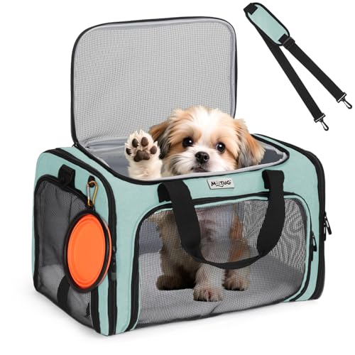 Pet Carrier for Cats & Small Dogs, Travel Carrier with Anti-Collapse Support, Chew Resistant Buckles, Luggage Sleeve, Multi-Pocket Storage, Reversible Mat & Bowl (Green, Medium (17.5"x11"x11.5")) - color: Green