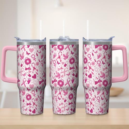 30oz Breast Cancer Awareness Stainless Steel Tumbler with Handle and Straw,Pink Ribbon Mug Cup Water Bottle with Lid and Straw, Patients Survivor Women Gifts - color: Cancer2