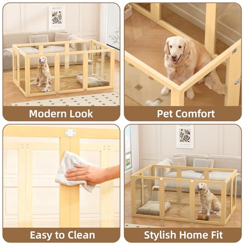10 Panel Clear Acrylic Pet Playpen Indoor Wooden Puppy Fence | Fast tool-based setup creating a highly secure and stable barrier that stays upright during active play - size: 10 Panel 59x39.4in