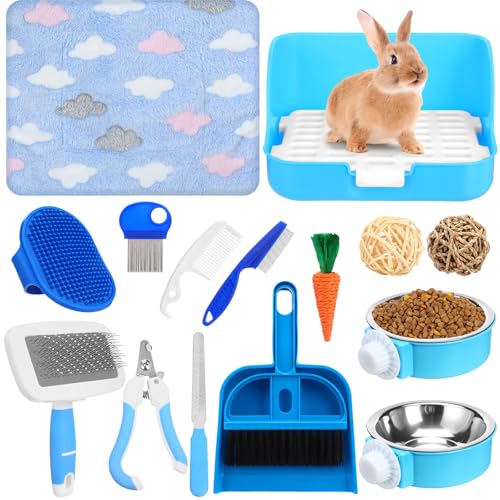 Reallnaive 15 Pcs Rabbit Starter Kit Small Rabbit Litter Box Girls Gift Animal Grooming Kit Bunny Toys Bowl Blankets with Cleaning Set for Guinea Pig Accessories(Light Blue) - color: Light Blue