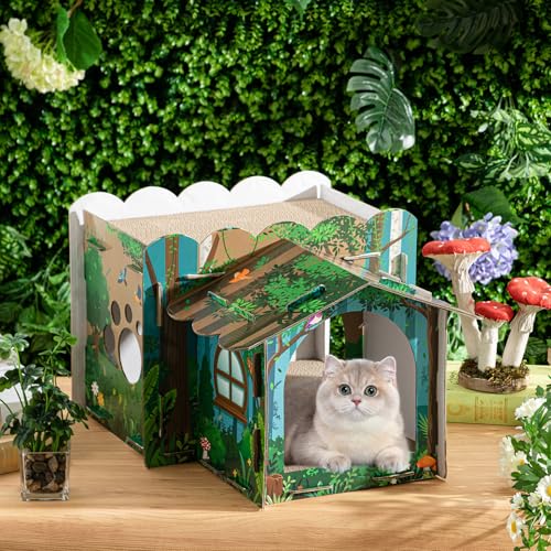 Lineshading 2 Story Cardboard Cat House with Scratcher Pad, Multi Level Durable Cat Scratcher House for Small Kitten Bunny Rabbit Animals Christmas Birthday Gift(17x12x10,Forest) - style: Forest
