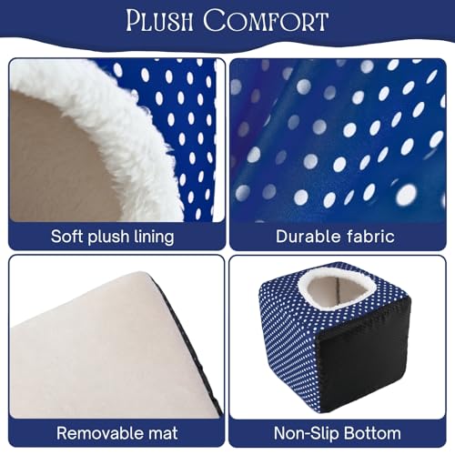 Guinea Pig Hideout, Dwarf Rabbit Bed with Play Tunnel, Washable Fleece House for Dwarf Bunnies, Chinchillas, Hedgehogs, Small Animal Cage Accessories Blue Dot - color: Blue