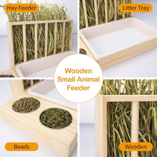 BESNEW 3 in 1 Rabbit Hay Feeder with Litter Box,Wooden Hay Feeder with 2 Bowls & Litter Box for Guinea Pig Chinchilla Bunny Other Small Animals,Large Capacity & Preventing Waste - color: Natural 1, size: 15.7in Style1