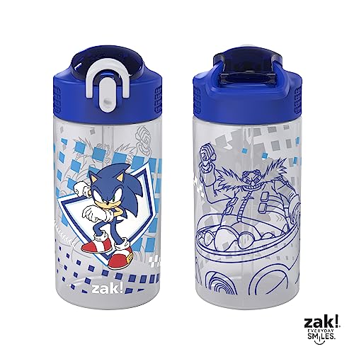 Zak Designs Sonic Kids' 2-Pack Leak-Proof Water Bottles With Straw, Handle and Pop-Up Spout Cover - color: Sonic, Tails