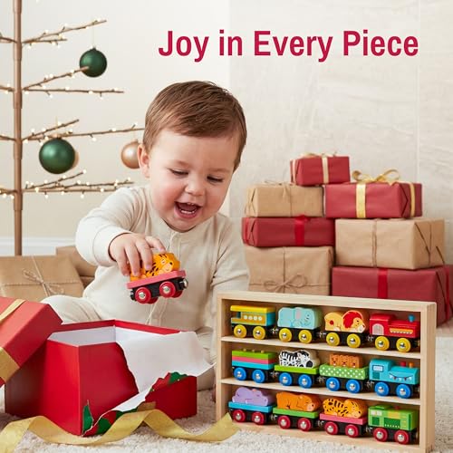 Montessori Animal Wooden Train Toy Set for Kids, 12PCS Magnetic Train Cars with Storage Gift Box, STEM Educational Toy for Boys & Girls, Ages 18Month - 8 Years, Easter Birthday Party Gift