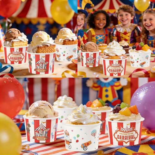 120Pcs 12oz Carnival Theme Ice Cream Cups for Hot or Cold Food | Circus Dessert Bowls Disposable Red White Large Snack Cups for Carnival Birthday Baby Shower Party Supplies - style: Carnival Dessert Cup