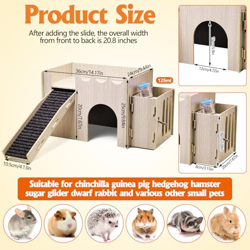 kathson Wood Guinea Pig Hideout Small Rabbit Hideout with Water and Hay Feeder Ramp, Easy to Assemble Wooden Hamster House for Small Animal Bunny Chinchilla Rat Hedgehog with 2xGuinea Pig Cage Liners