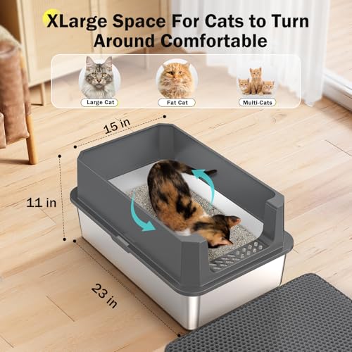 Stainless Steel Litter Box, Extra Large Litter Boxes for Big Cats, XLarge Metal Cat Litter Box with Lid, Anti-Urine Leakage XL Box with High Sides, Easy Clean, Non-Sticky, Scoop Included - color: Dark Grey, size: XL