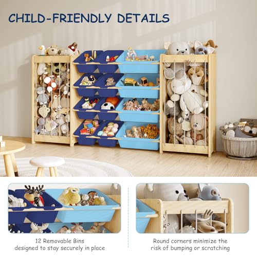 EXPERLAM Large Toy Storage Organizer, Wooden Stuffed Animal Storage & 12-Bins Toy Organizer, Double-Sided Plush Toy Holder Featuring Thicker Ropes, Space Save Bedroom Nursery Playroom Storage, Blue - color: Blue, size: 64.4" L × 11" W × 31.5" H