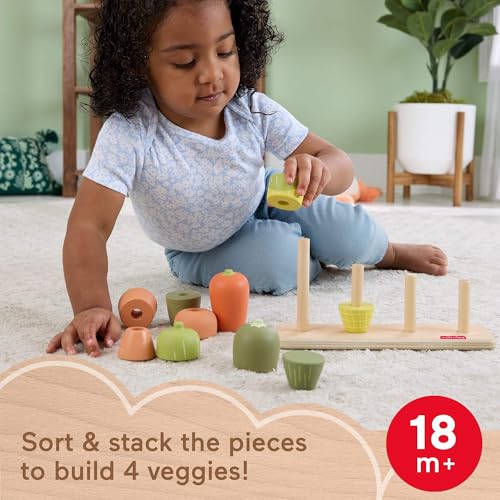 Fisher-Price Wood Toddler Toy Veggie Stacker, Tiny Garden Wooden Sorting & Stacking Activity for Preschool Kids Ages 18+ Months - style: Veggies