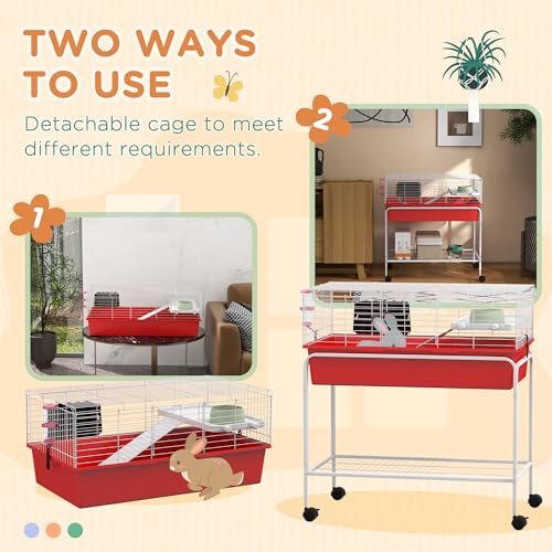 PawHut Two-Story Small Animal Cage Removable from Stand, Guinea Pig Cage with Shelf & Wheels, Pet Habitat for Hedgehog, Chinchilla, Ferret, 33" x 18.5" x 35", Red | Removable from Stand, Guinea Pig Cage, Pet Habitat for Hedgehog, Chinchilla, Ferret - colo
