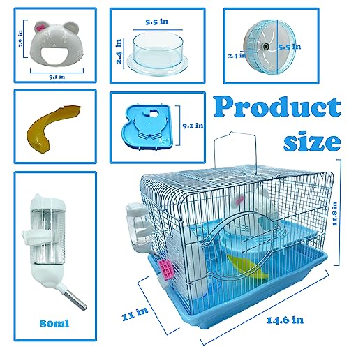 2-Tier Portable Hamster Cage and Habitats, Travel Metal Mouse Cages with Free Water Bottle, Houses and Exercise Wheel for Any Breed of Hamster and Small Animal (14.6x11.0x11.8inch Blue) - color: 【Blue】