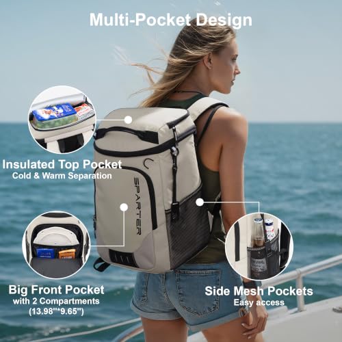 SPARTER Backpack Cooler Insulated Leak Proof 33/49 Cans, 2 Insulated Compartments Thermal Bag, Portable Lightweight Beach Travel Camping Lunch Backpack for Men and Women - color: Brown, size: 33 Can