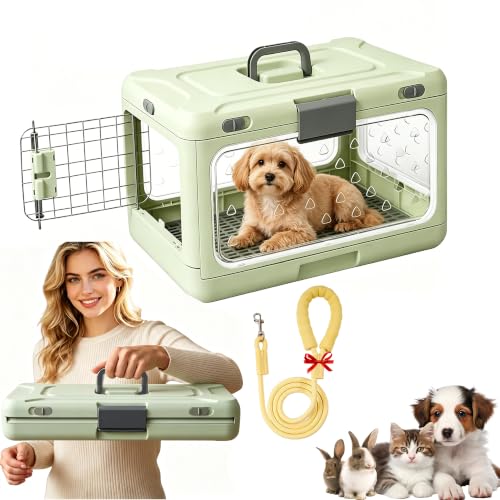 Foldable Hard Cat Carrier, Transparent Pet Crate for Cats & Small Dogs, Collapsible Travel Kennel with Ventilation & Urine Pad Mesh Grid, Portable Travel cage, Essential for pet Travel, Green - color: Green