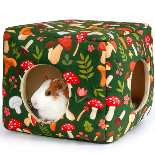 Bienbee Guinea Pig Hideout, Washable Plush House for Small Animals | Guinea Pig House with 2 Wide Entrances, Removable Mat and Non-skid Bottom,Warm and Cozy for Small Pet's Resting and Hiding - color: Green Mushroom