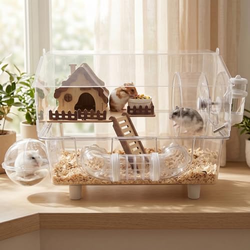Loungewave Acrylic Hamster Cage, 8 in 1 Gerbil Cage with Accessories | Classic House Style, Dwarf Hamster Cage with Full Transparent Viewing, Clear View Inside Easy to Clean, Excellent Ventilation - color: Transparent