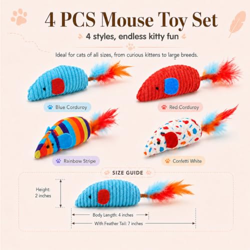 4 Pack Interactive Cat Toys, Catnip Mice with Feather Tails | Premium canvas & corduroy textures, ideal for indoor kittens or bored adults, promotes enrichment & teething chew relief