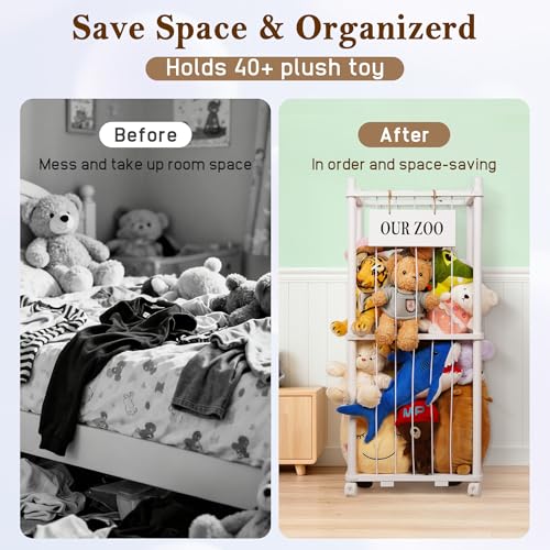 Stuffed Animal Storage Zoo, Wooden Stuffed Animal Organizer with Wheels | Stuffy Storage with Upgraded 5-Row Elastic Cords, Space-Saving Plush Toy Storage Holder for Playroom, Bedroom, Nursery - color: White, size: Small