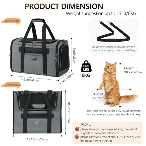 Cat Travel Carrier .Foldable Dog Carrier Bag, Soft Sided cat Carrier up to 20 Lbs,Pet Carrier Soft-Sided Escape Proof with 4 Ventilated Windows, Airline Approved Cat Carrier (Grey) - color: Grey