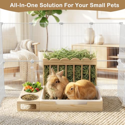 3-in-1 Wooden Rabbit Hay Feeder with Litter Box for Rabbits & Small Pets | Sturdy Wooden Hay Feeder Set for Guinea Pigs, Chinchillas, Hamsters, Ferret and Other Small Animal - size: 21.1"W