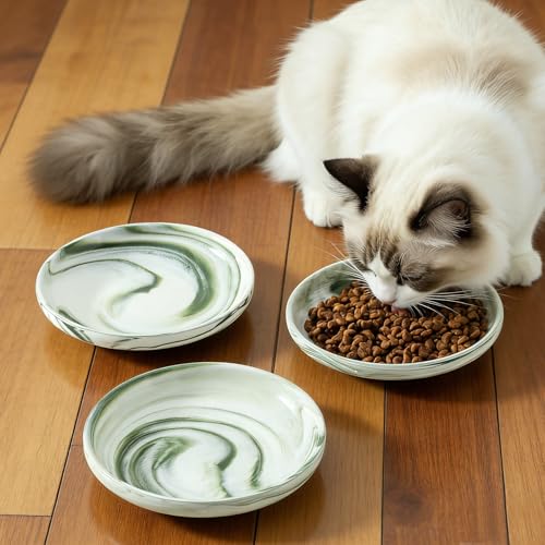 3 PCS Ceramic Cat Bowls, 5.5 in Pet Bowl Cat Dishes for Food and Water, Small Dog Dish(Marble Green) - color: Marble Green