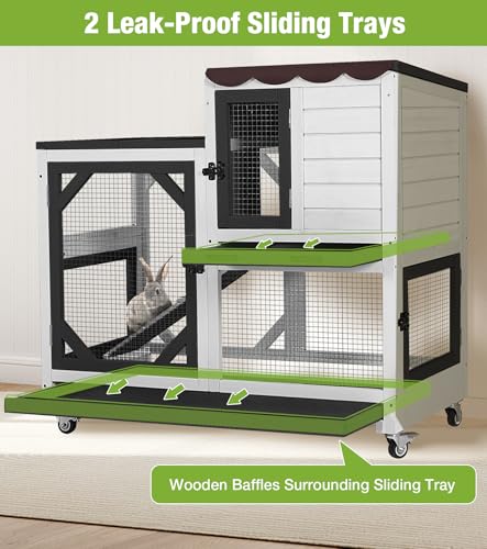 GUTINNEEN Duplex Rabbit Hutch Indoor with Chew-Proof Frame & 2 Leak-Proof Sliding Trays, Rain Cover, Wooden Guinea Pig Cages with Wheels - Black and White - color: Black and White