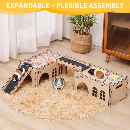 2-Story Guinea Pig Hideout Castle, Easy Assemble Thick Wood with Ramp | Large 2-Story Castle | 7mm Thick Pine Wood (40% Thicker) | Full Round Corner | Freely Mountable Ramp, Modular & Washable Pad
